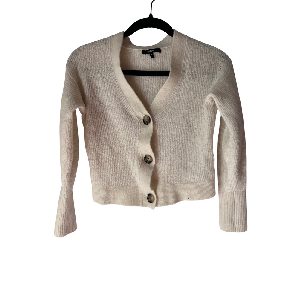 Quince Merino Wool Baby Alpaca Blend Cropped Ribbed Cardigan Cream Size M